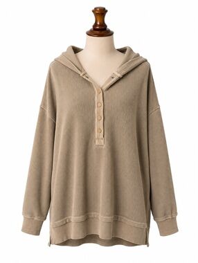 Aerie Ribbed Hooded Henley Pullover Sweater Taupe Beige Oversized Small